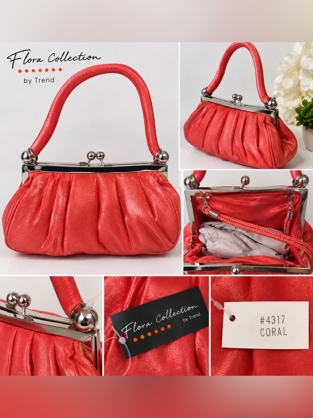 NWT Flora Collection Coral Satin Evening Clutch Purse Handbag
